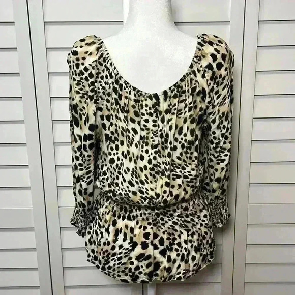 Cato Leopard Print Scoop Neck 3/4 Sleeve Smocked Peplum Top Size Large - Picture 8 of 8